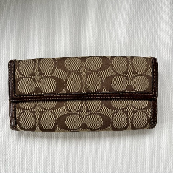 Coach Signature Print Canvas Leather Trim Brown Turnlock Long Fold Wallet - Picture 4 of 12